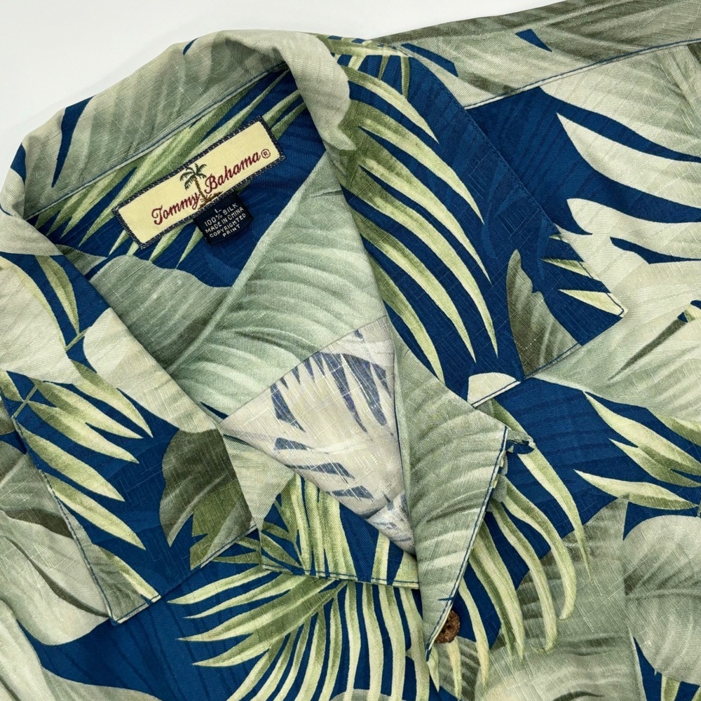 Tommy Bahama Silk Button Down Shirt Mens L Tropical Palm Leaf Blue Green
